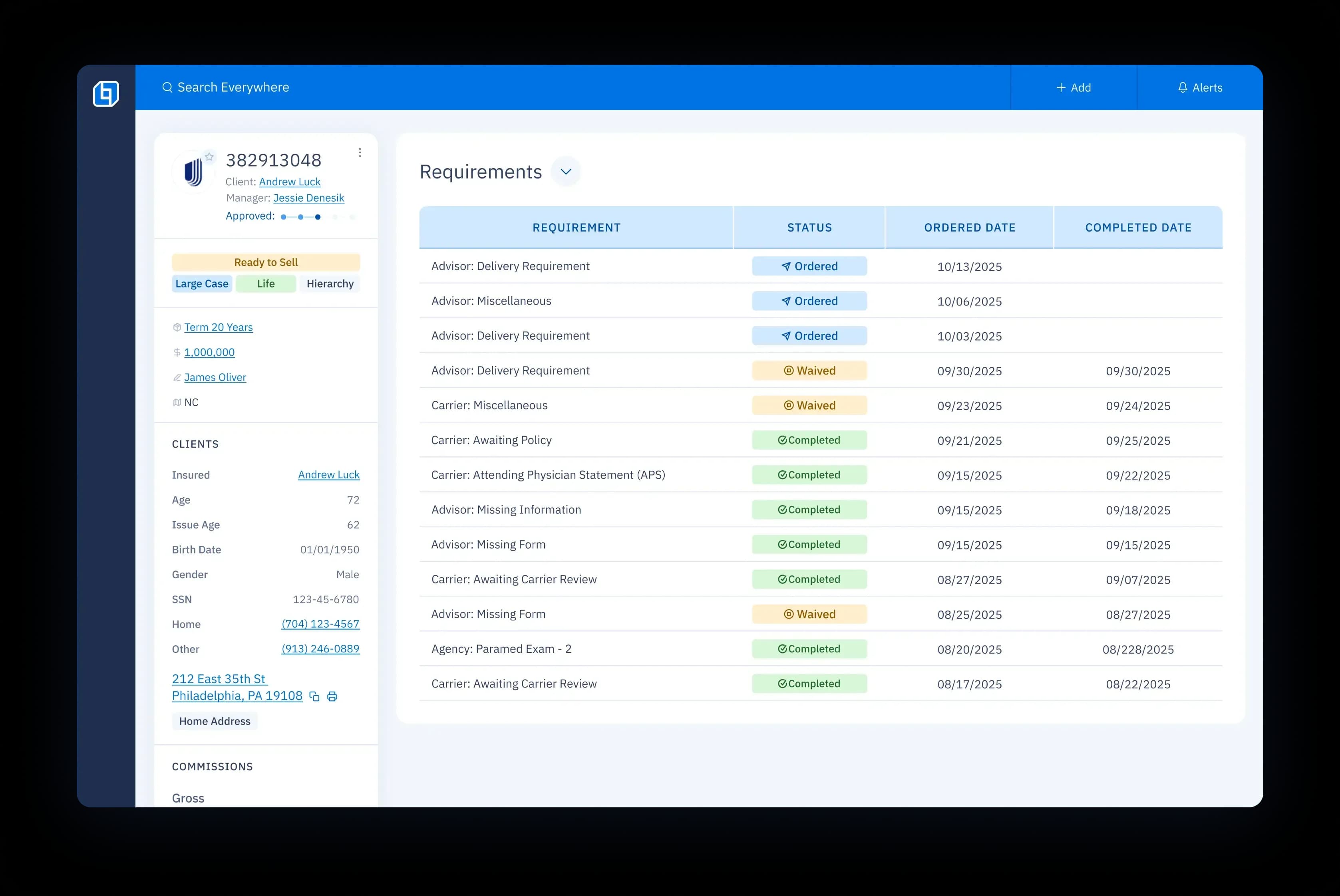UI screen showing case details on the left and a list of all case requirements and their statuses on the right.