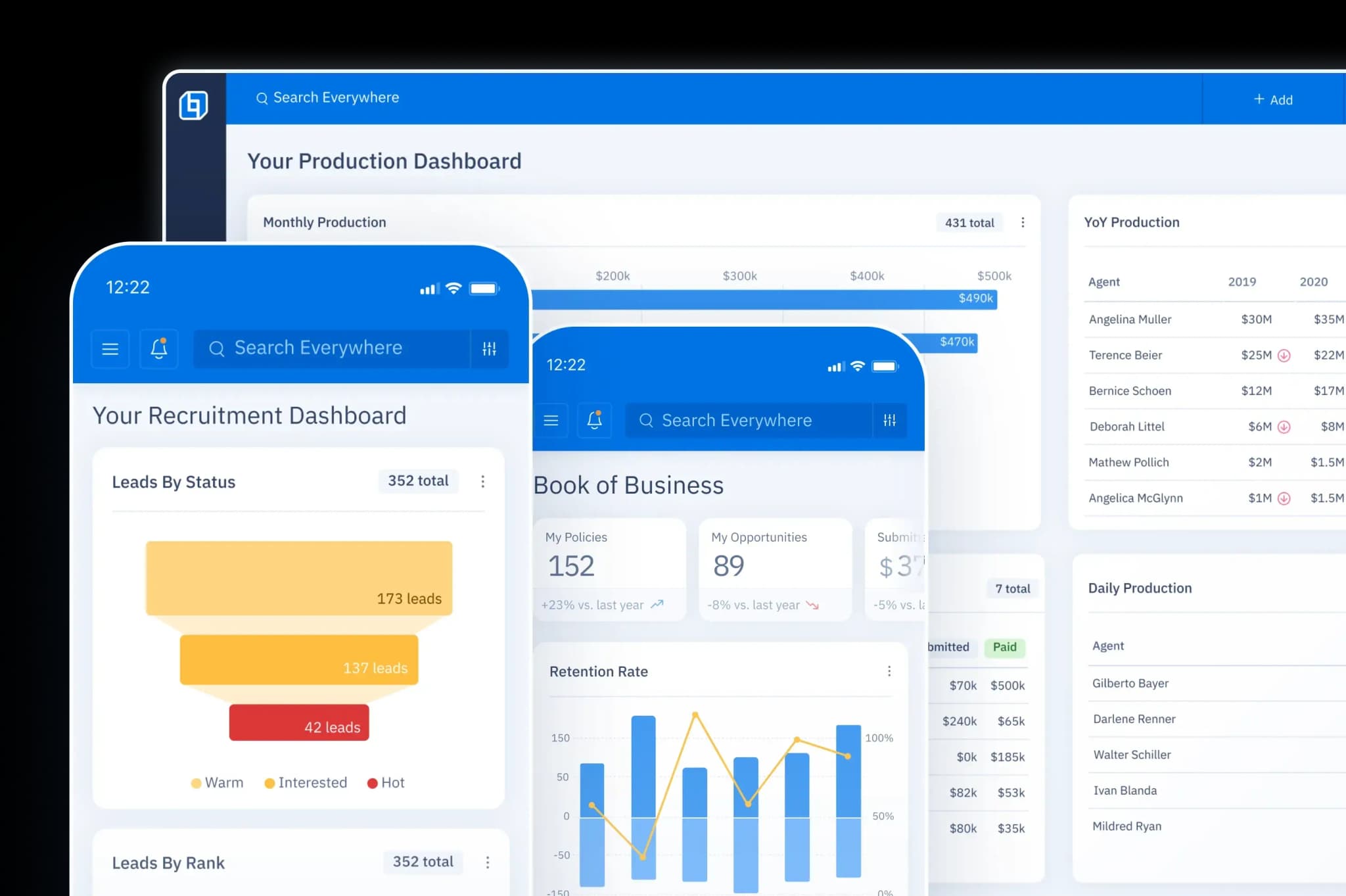 UI screen showing an Agents Pipeline dashboard in the OneHQ CRM, with an overlay of a mobile screen displaying a real-time message exchange with an agent.