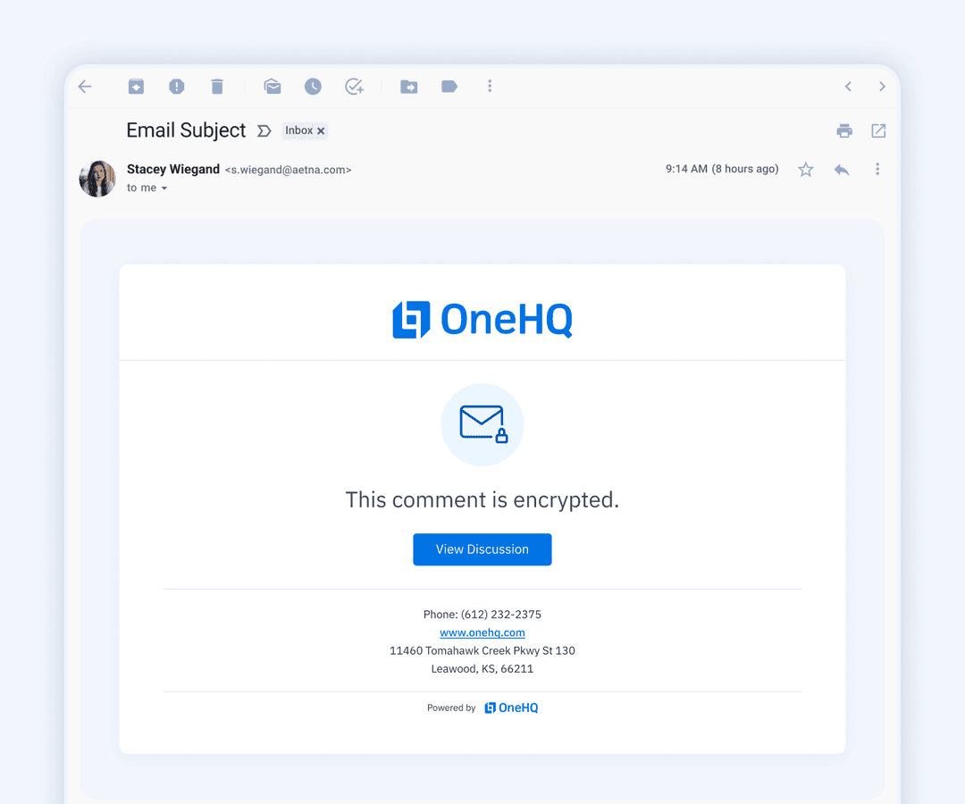 Screen of an email alert about a new encrypted comment in the platform.