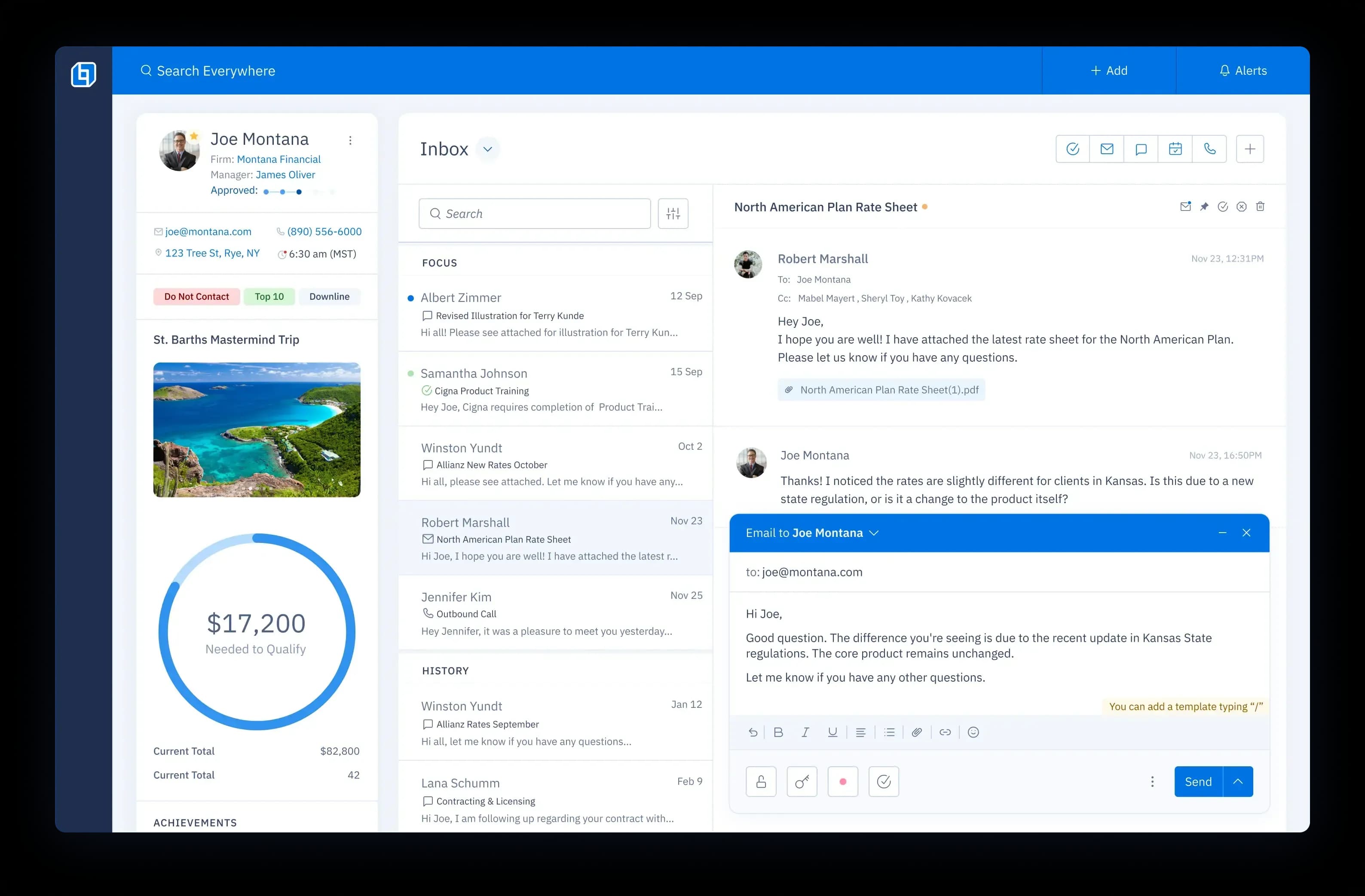 UI screen showing an agent profile on the left with discussion history of past interactions on the right.
