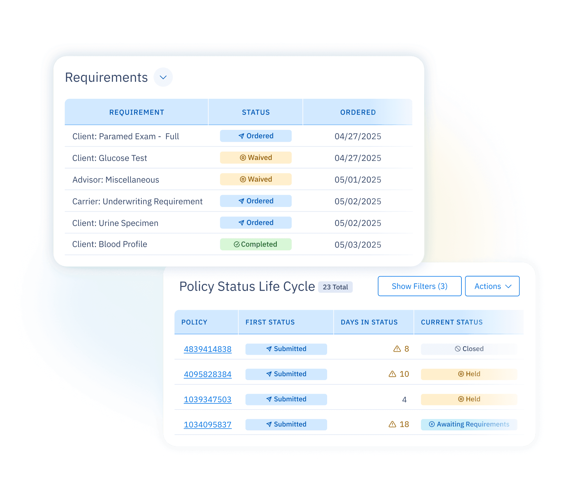 UI of two floating cards: one showing a list of requirements with their current status and the other showing the policy status life cycle.