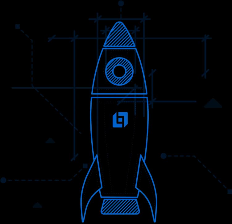 Illustration of a rocket blueprint with the OneHQ logo.