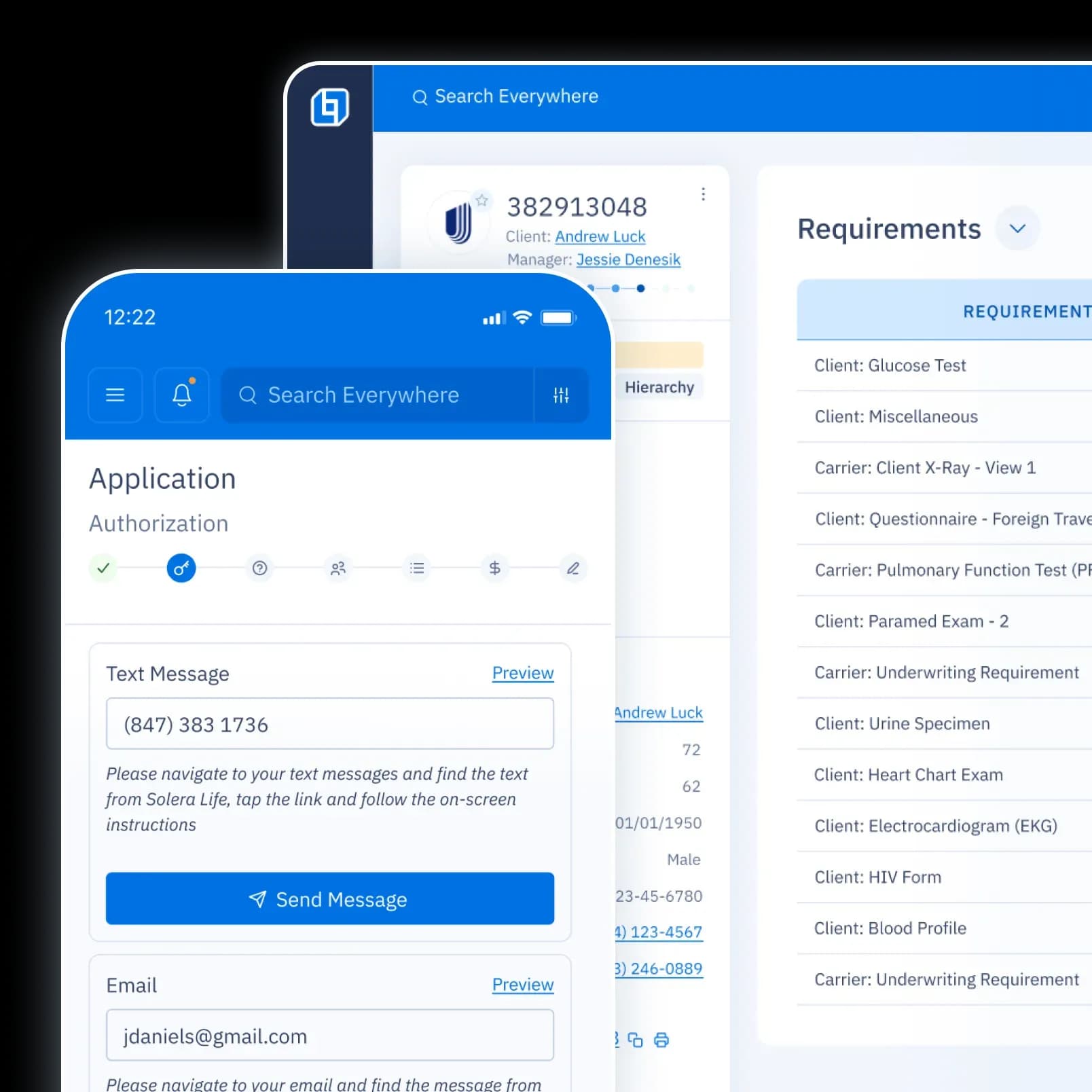 Desktop UI screen of Case Details, with a list of pending requirements, overlaid by a mobile UI screen displaying the stages of a new business application.