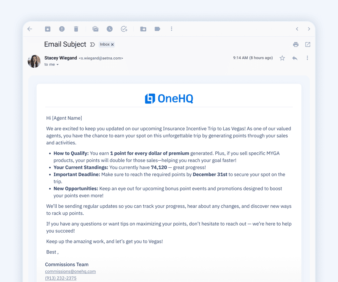 UI screen of an email sent to an agent, notifying them about their trip standing as part of an incentives program. The email includes details on deadlines, new opportunities, and tips on how to qualify.