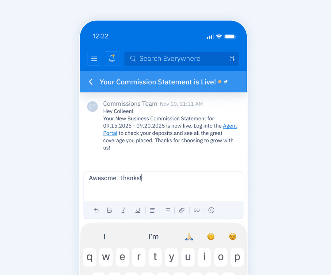 Mobile UI screen showing a text message sent to an agent about their commission deposit, including a direct link to view the details in the Agent Portal.